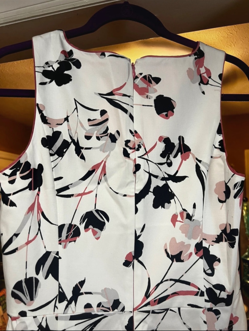 Sleeveless Floral Fit & Flare Dress - White with Black & Pink Floral - Picture 7 of 7